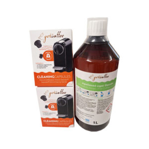 KIT Καθαρισμού μηχανής Nespresso Getcoffee BIG (2x5caps, 1x αφαλατικό 1lt) νέο μπουκάλι αφαλατικό υγρό